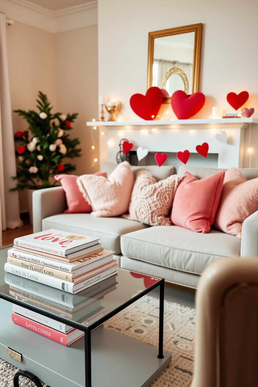 A cozy small living room adorned for Valentine's Day, featuring a stylish coffee table stacked with love-themed books in pastel colors. Plush cushions in shades of pink and red are arranged on a comfortable sofa, while delicate fairy lights are draped across the mantel, creating a warm and inviting atmosphere.