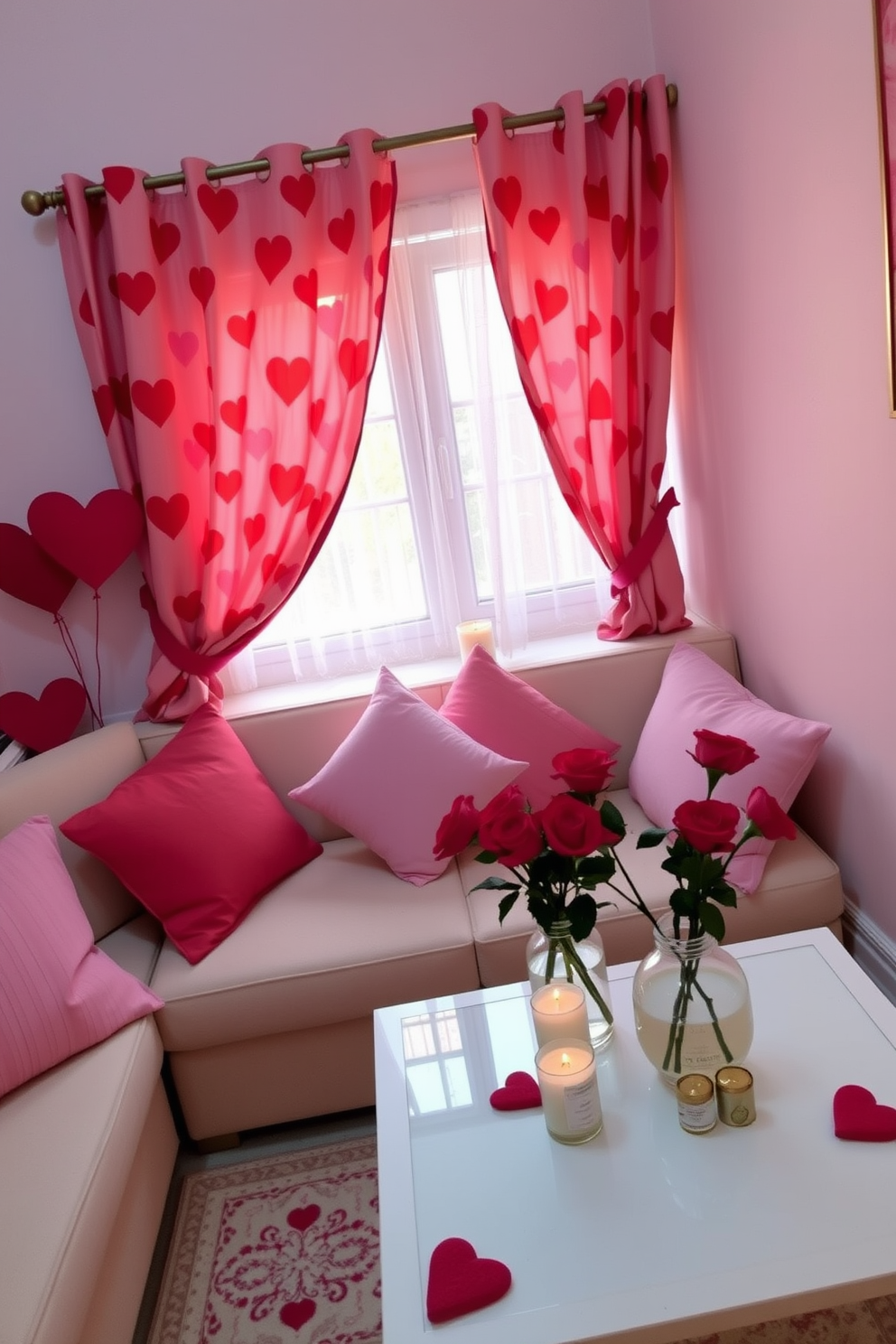 A cozy small living room adorned for Valentine's Day features heart-patterned curtains that gently frame the window, creating a warm and inviting atmosphere. The space is accented with soft throw pillows in shades of pink and red, while a small coffee table is decorated with heart-shaped candles and a bouquet of fresh roses.