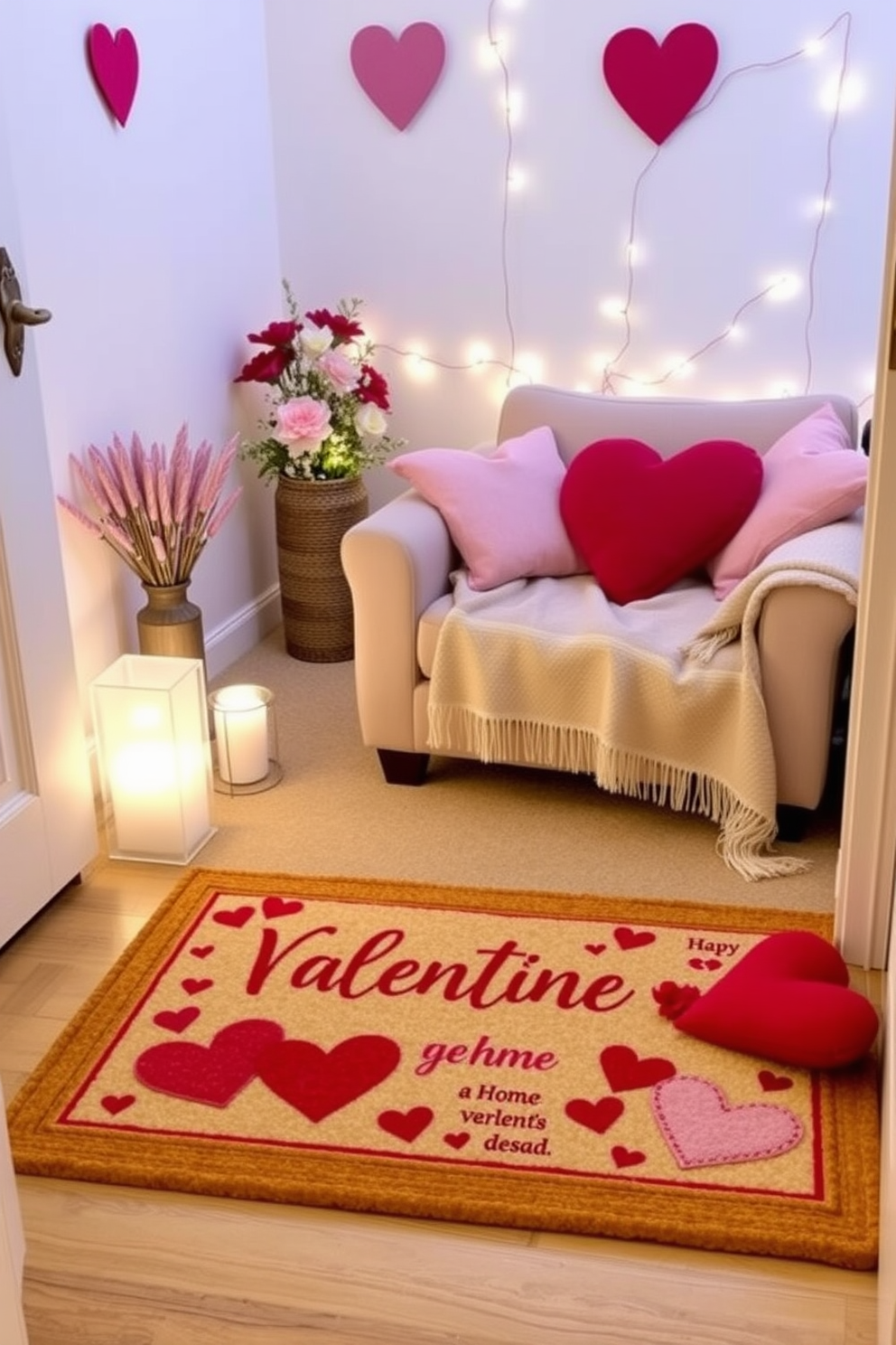 A charming Valentine's themed doormat welcomes guests with a playful design featuring hearts and romantic messages in vibrant red and pink hues. The mat is made of durable coir, framed by a decorative border that complements the cozy entrance of a home. In a small living room, soft pastel decorations create a warm and inviting atmosphere for Valentine's Day. Adorn the space with heart-shaped cushions, a plush throw blanket, and subtle fairy lights to enhance the romantic ambiance.