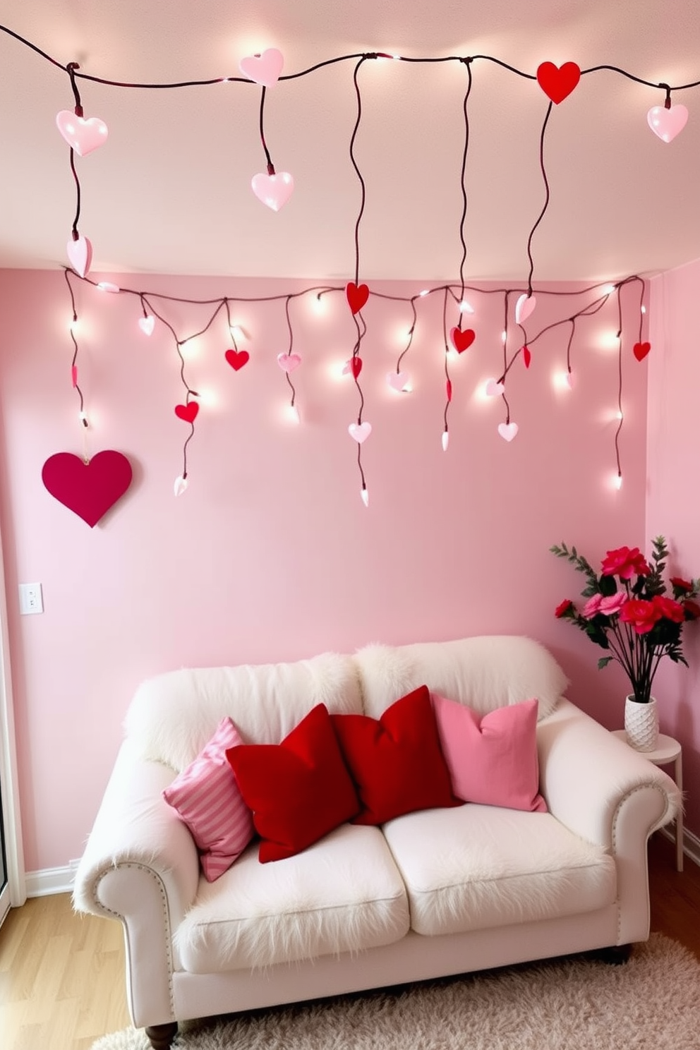 A cozy small living room adorned for Valentine's Day, featuring string lights shaped like hearts draped across the ceiling. The walls are painted a soft blush pink, and a plush white sofa is accented with red and pink throw pillows, creating a warm and inviting atmosphere.