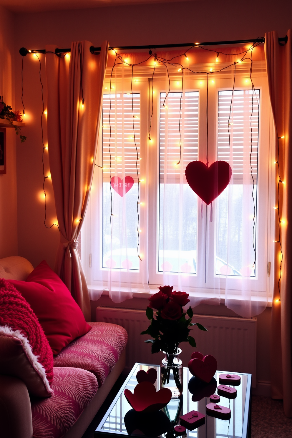 A cozy small living room adorned for Valentine's Day, featuring fairy lights delicately draped around the windows, casting a warm and inviting glow. The space is accentuated with plush cushions in shades of red and pink, and a small coffee table topped with heart-shaped decorations and a bouquet of fresh roses.