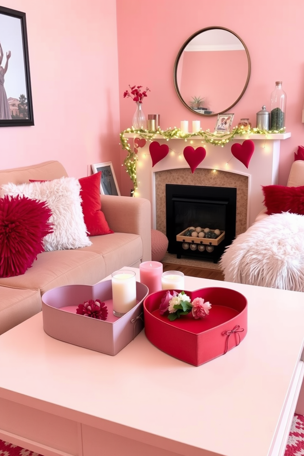 A cozy small living room adorned for Valentine's Day. Heart-shaped decorative trays are placed on a soft, pastel-colored coffee table, showcasing an arrangement of candles and small floral accents. The walls are painted in a warm blush tone, complemented by plush throw pillows in shades of red and pink on a comfortable sofa. A delicate garland of fairy lights drapes across the mantel, adding a romantic glow to the space.