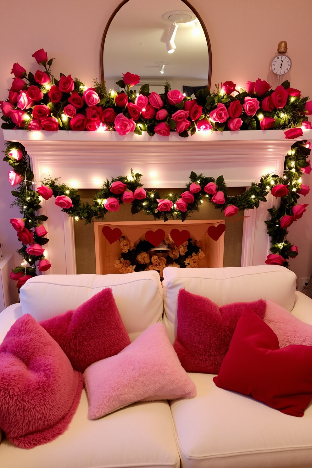 A cozy small living room adorned for Valentine's Day, featuring a mantel decorated with lush rose garlands intertwined with twinkling fairy lights. Plush cushions in shades of pink and red are scattered across a soft white sofa, creating an inviting atmosphere for relaxation and romance.