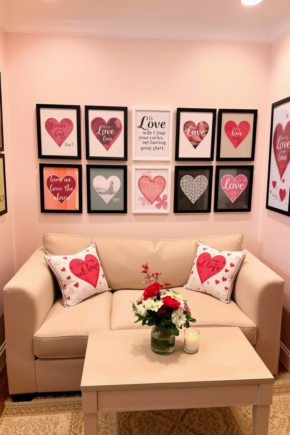 A cozy small living room adorned with love-themed wall art. The walls are painted in soft pastels, and a gallery of framed romantic quotes and abstract heart designs creates a warm, inviting atmosphere. A plush, light-colored sofa is accented with heart-patterned throw pillows. A small coffee table, decorated with candles and a vase of fresh flowers, sits in the center, enhancing the Valentine's Day ambiance.