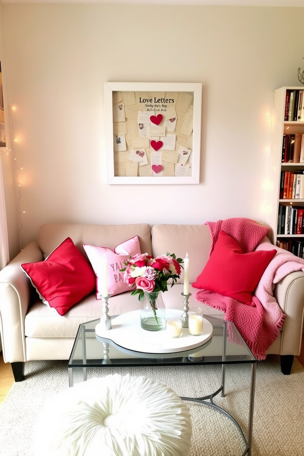 A charming small living room decorated for Valentine's Day features a vintage love letters display, elegantly arranged in a shadow box frame on the wall. Soft pink and red accents, such as throw pillows and a cozy blanket, adorn the neutral sofa, creating a romantic atmosphere. A small coffee table is topped with a heart-shaped centerpiece made of fresh flowers, surrounded by flickering candles in decorative holders. Delicate fairy lights are strung along the bookshelves, adding a warm glow to the intimate setting.