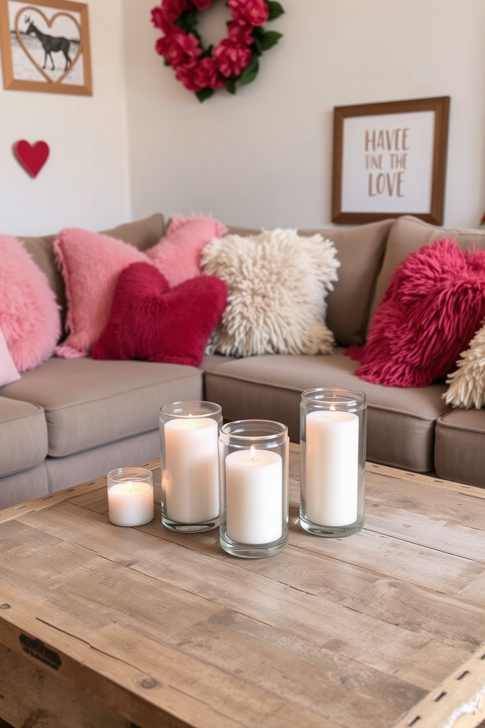 A cozy small living room adorned for Valentine's Day, featuring candles in elegant glass jars placed on a rustic wooden coffee table. Soft, plush throw pillows in shades of pink and red are scattered across a comfortable sofa, creating an inviting atmosphere.