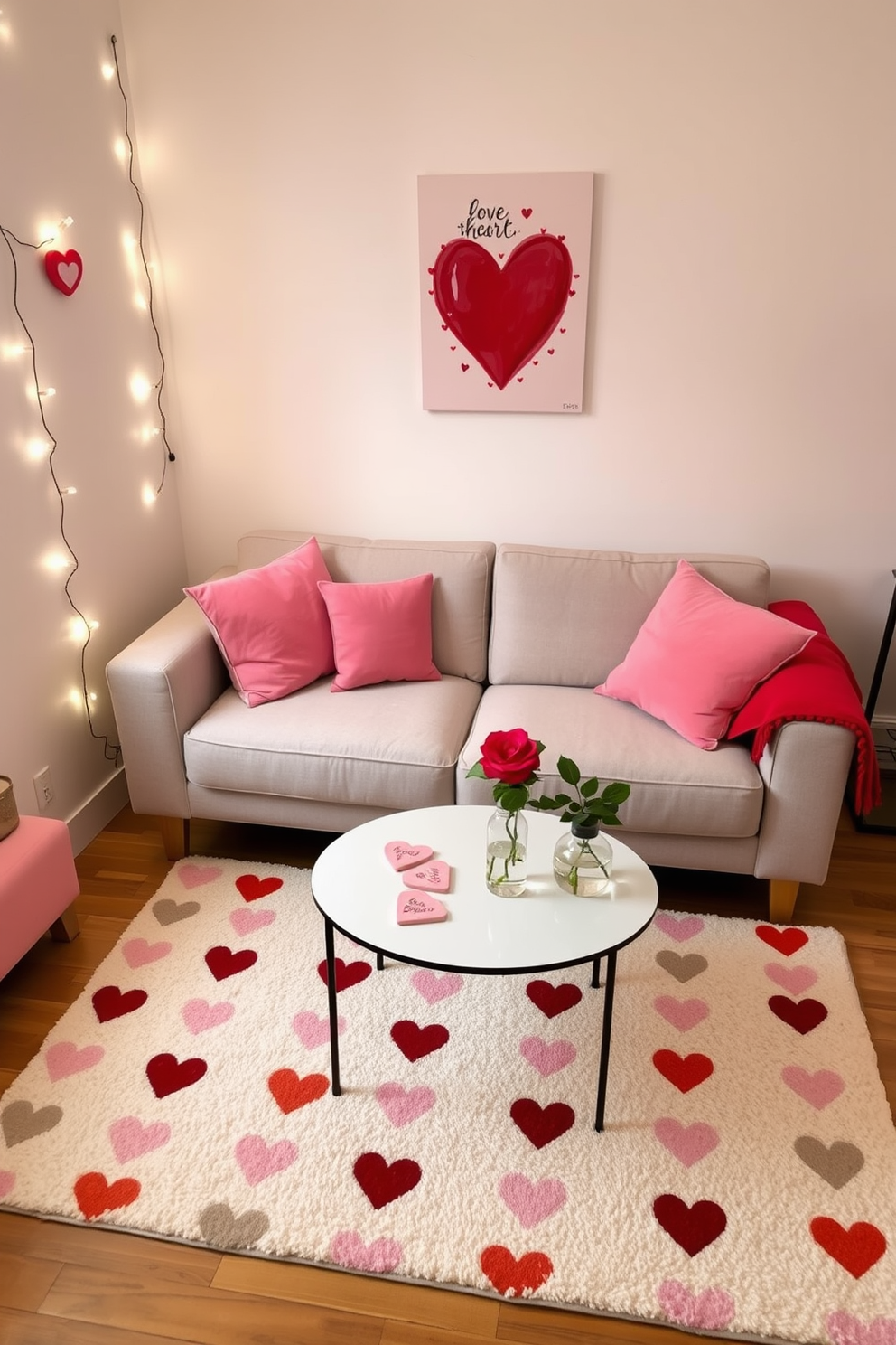 A cozy small living room adorned for Valentine's Day features a heart-patterned rug that adds a playful touch to the space. Soft pink and red throw pillows are scattered across a light gray sofa, complementing the warm ambiance. On the walls, delicate string lights create a romantic glow, while a small coffee table is decorated with heart-shaped coasters and a bouquet of fresh roses. A whimsical heart-themed artwork hangs above the sofa, enhancing the festive atmosphere.