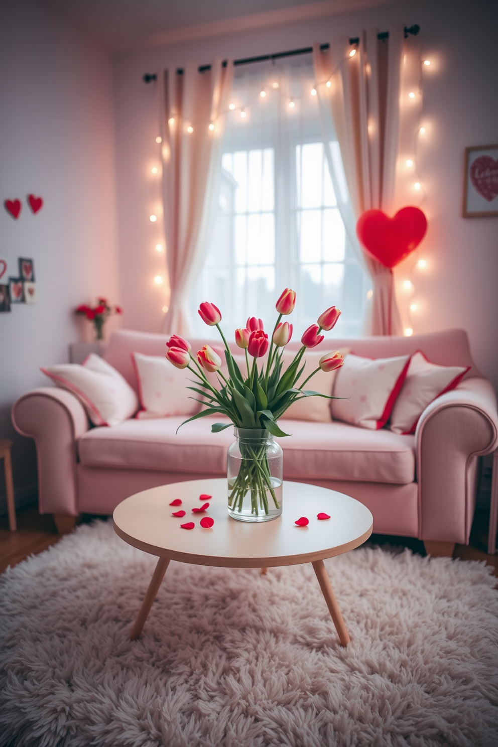 A cozy small living room adorned for Valentine's Day, featuring a soft pink sofa adorned with heart-patterned throw pillows. A charming coffee table holds a delicate floral arrangement in a glass vase, with fresh roses and tulips in shades of red and white. The walls are decorated with subtle heart-themed art, and a plush area rug adds warmth to the space. String lights are draped across the window, creating a romantic ambiance that enhances the inviting atmosphere.