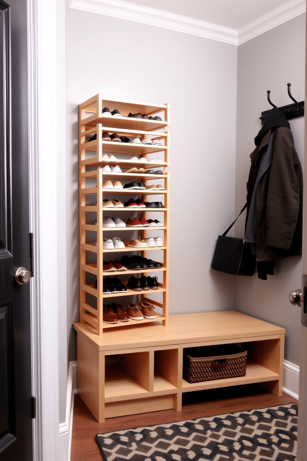 A compact mudroom featuring stacked shoe racks designed for small spaces. The shoe racks are made of sleek, minimalist wood, providing ample storage while maintaining an open feel. Adjacent to the shoe racks, a small bench with built-in storage sits under a wall-mounted coat rack. The walls are painted in a soft gray, and a patterned rug adds a pop of color, enhancing the cozy yet functional atmosphere.