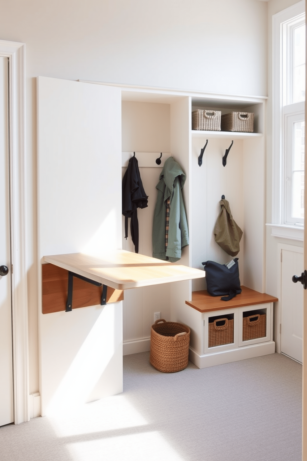 A fold-down table is integrated into the wall, providing a versatile workspace that can be easily tucked away when not in use. The table features a sleek wood finish with minimalist metal brackets, surrounded by light-colored walls and ample natural light from a nearby window. The mudroom design incorporates built-in storage benches and hooks for coats, creating an organized and welcoming entryway. A durable, textured floor in a neutral tone complements the soft pastel hues of the walls, while decorative baskets add a touch of warmth and functionality.