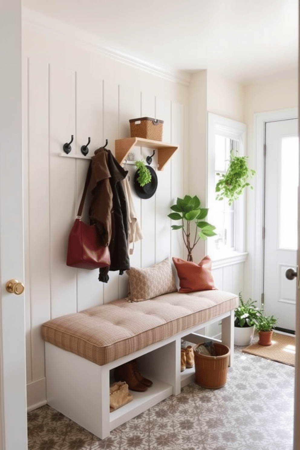 A cozy mudroom features a padded bench upholstered in a soft, textured fabric, providing both comfort and style. Flanking the bench are hooks for hanging coats and bags, with a small shelf above for storing hats and gloves, all set against a backdrop of light, airy paint. The flooring is a durable, patterned tile that adds visual interest while being easy to clean. Natural light floods the space through a nearby window, illuminating potted plants that add a touch of greenery to the inviting atmosphere.