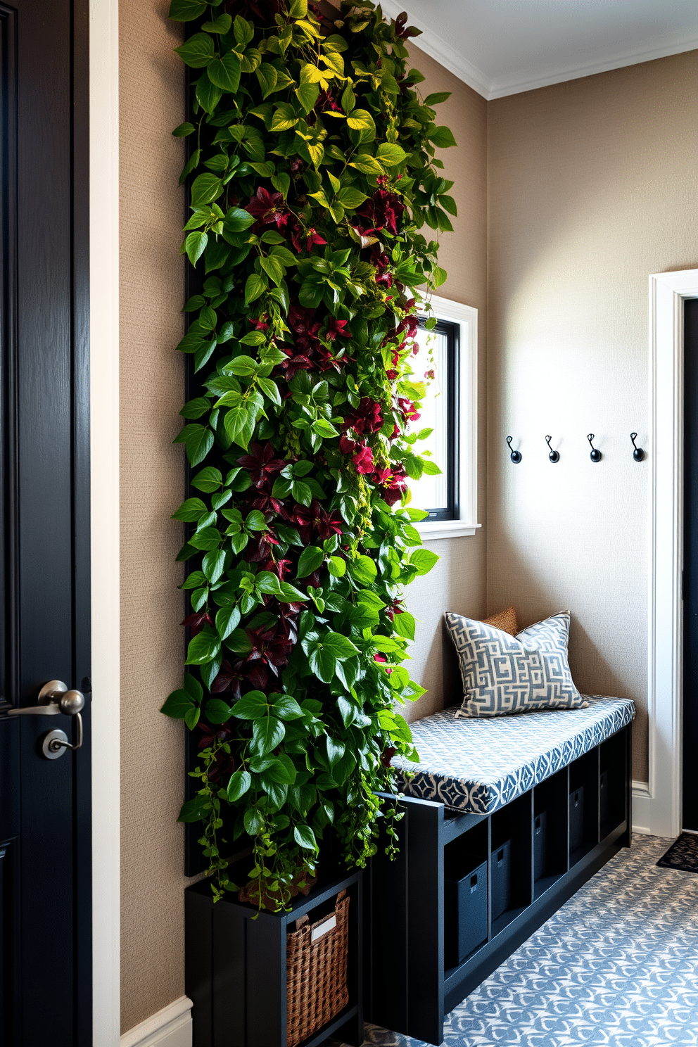 A vibrant vertical garden adorned with a variety of lush green plants cascades down a textured wall, bringing a breath of fresh air into the space. Soft natural light filters through a nearby window, enhancing the rich colors and creating a serene atmosphere. The mudroom features a stylish built-in bench with storage cubbies, providing a functional yet inviting entryway. Complemented by patterned tiles and hooks for coats, the design balances practicality with aesthetic appeal, making it a welcoming transition space.