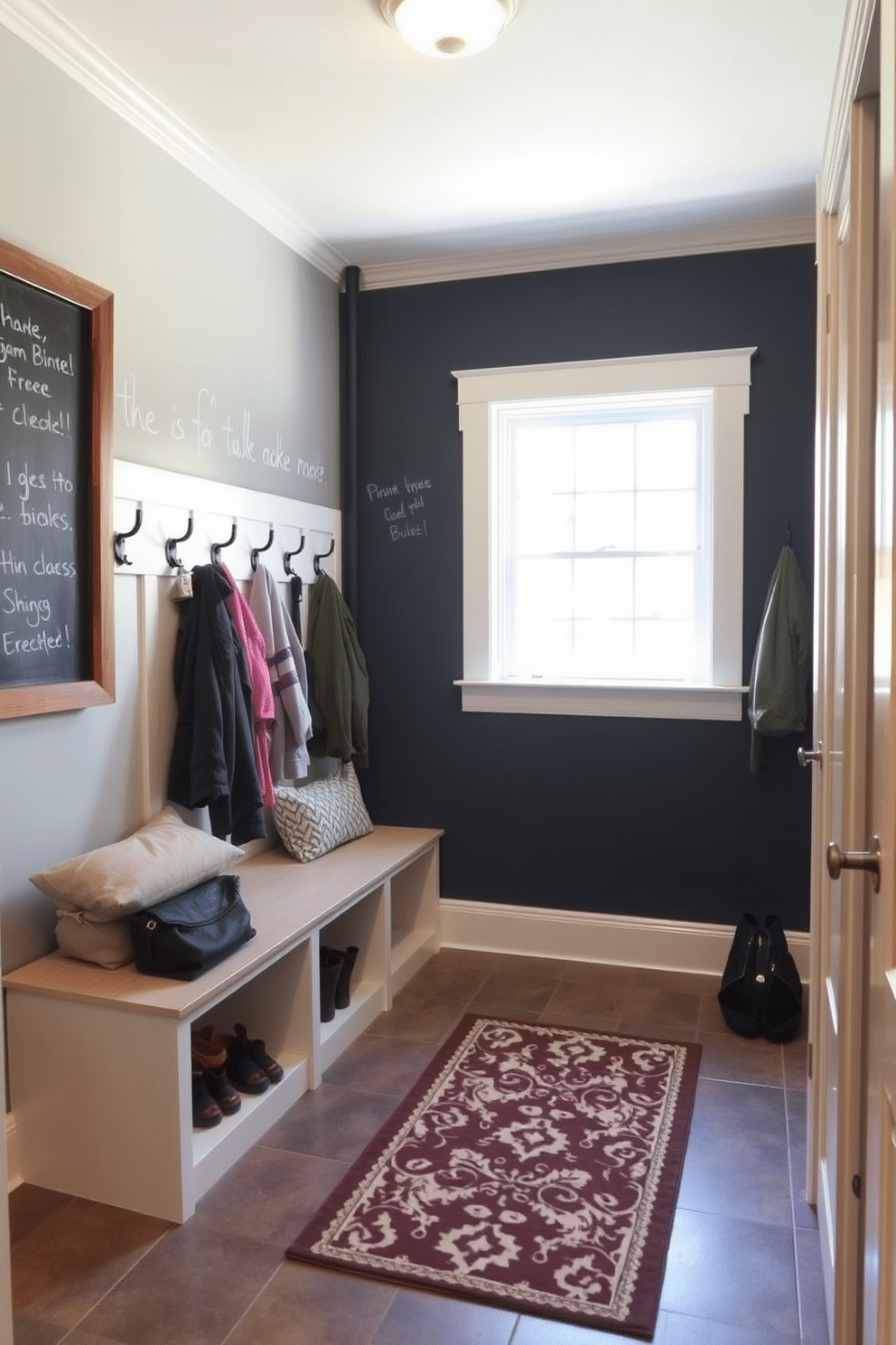 A functional mudroom features a chalkboard wall, perfect for jotting down notes and reminders. The space includes built-in storage benches with hooks above for hanging coats and bags, creating an organized and welcoming entryway. The flooring is a durable tile that can withstand muddy shoes, while a decorative rug adds warmth and texture. Natural light floods the area through a small window, enhancing the cheerful atmosphere of this practical space.