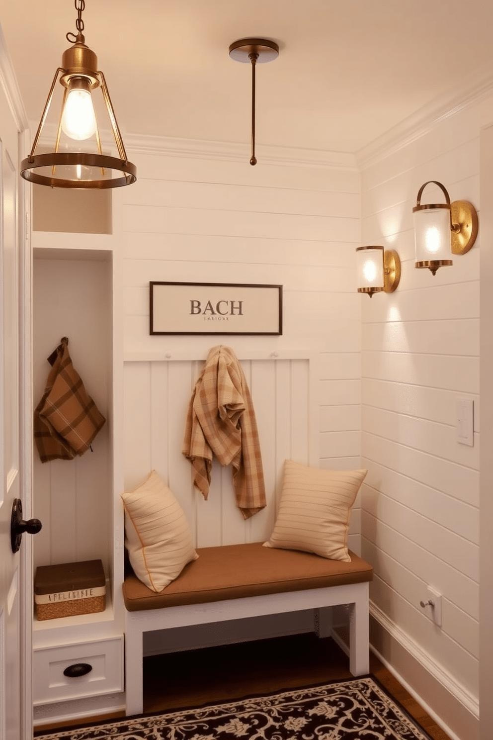 A collection of elegant light fixtures that enhance ambiance, featuring a mix of pendant lights and wall sconces. The fixtures are crafted from brushed brass and frosted glass, casting a warm glow that complements the surrounding decor. A small mudroom designed for functionality and style, showcasing built-in cubbies and a bench with soft cushions. The walls are adorned with shiplap, and a patterned area rug adds a pop of color to the space while providing comfort underfoot.