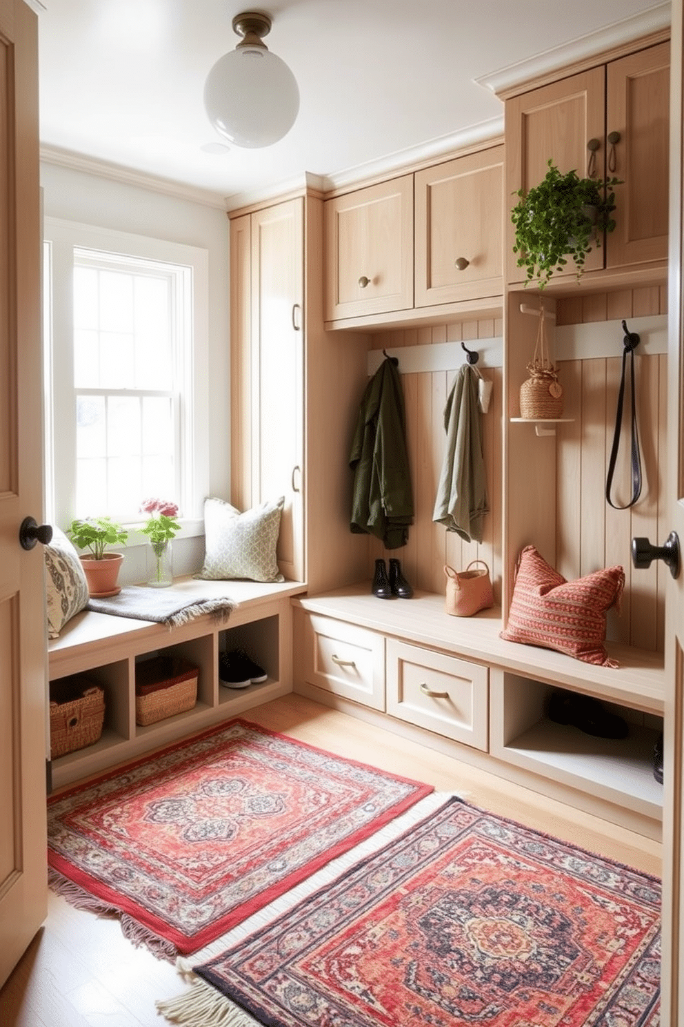 A cozy mudroom features layered rugs that add warmth and texture, creating an inviting entryway. The space includes built-in benches with storage underneath, complemented by hooks for coats and a small shelf for shoes. Natural light pours in through a window, illuminating the soft tones of the rugs and the light wood of the cabinetry. Potted plants add a touch of greenery, enhancing the overall warmth and charm of the mudroom.