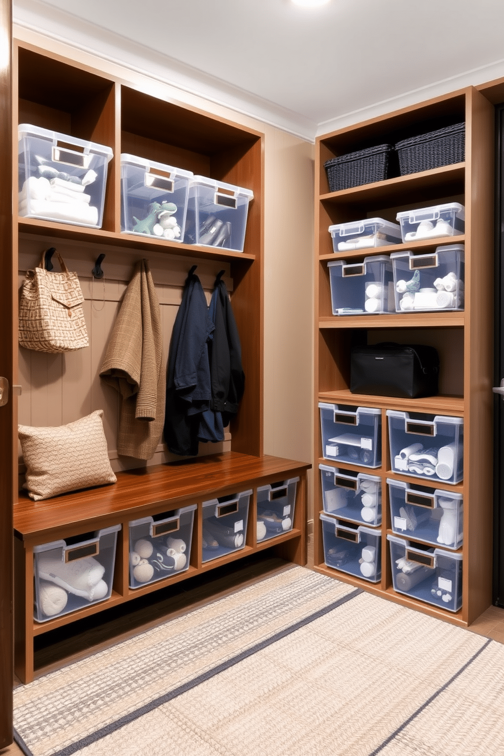 A small mudroom featuring clear bins for optimal visibility and organization. The space includes a built-in bench with hooks above for coats, and the floor is adorned with a durable, textured rug for added warmth.