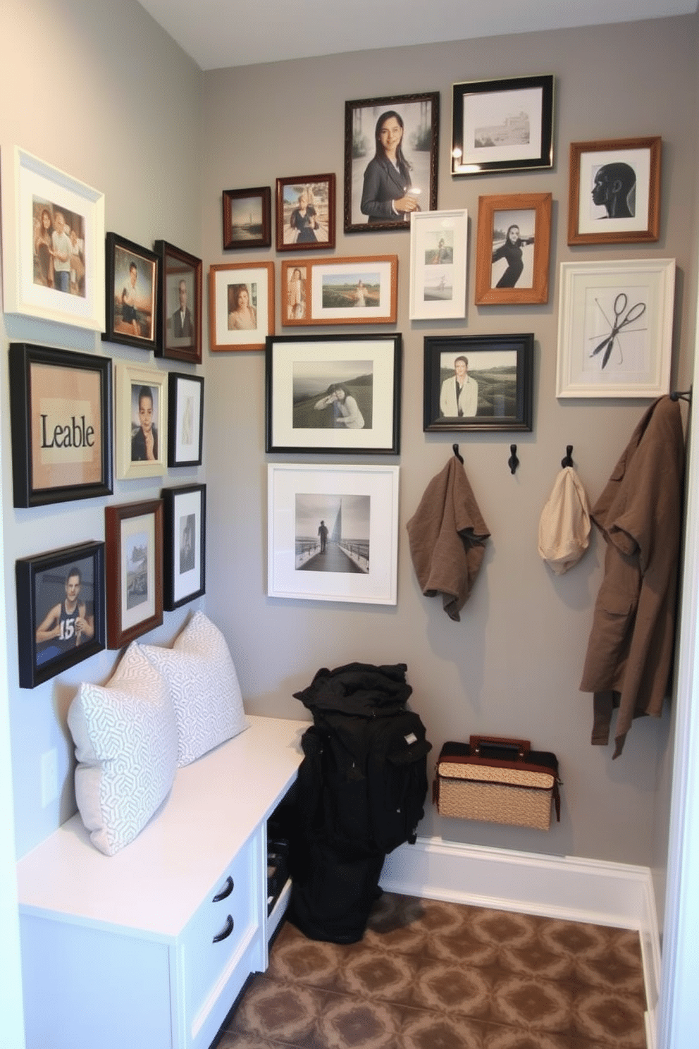 A gallery wall featuring an eclectic mix of framed artwork and photographs, showcasing personal memories and artistic expression. The wall is painted in a soft gray, providing a neutral backdrop that enhances the colors and textures of the art pieces. A small mudroom designed for functionality and style, featuring built-in storage benches with plush cushions and hooks for coats. The floor is adorned with durable, patterned tiles that can withstand heavy foot traffic while adding visual interest to the space.