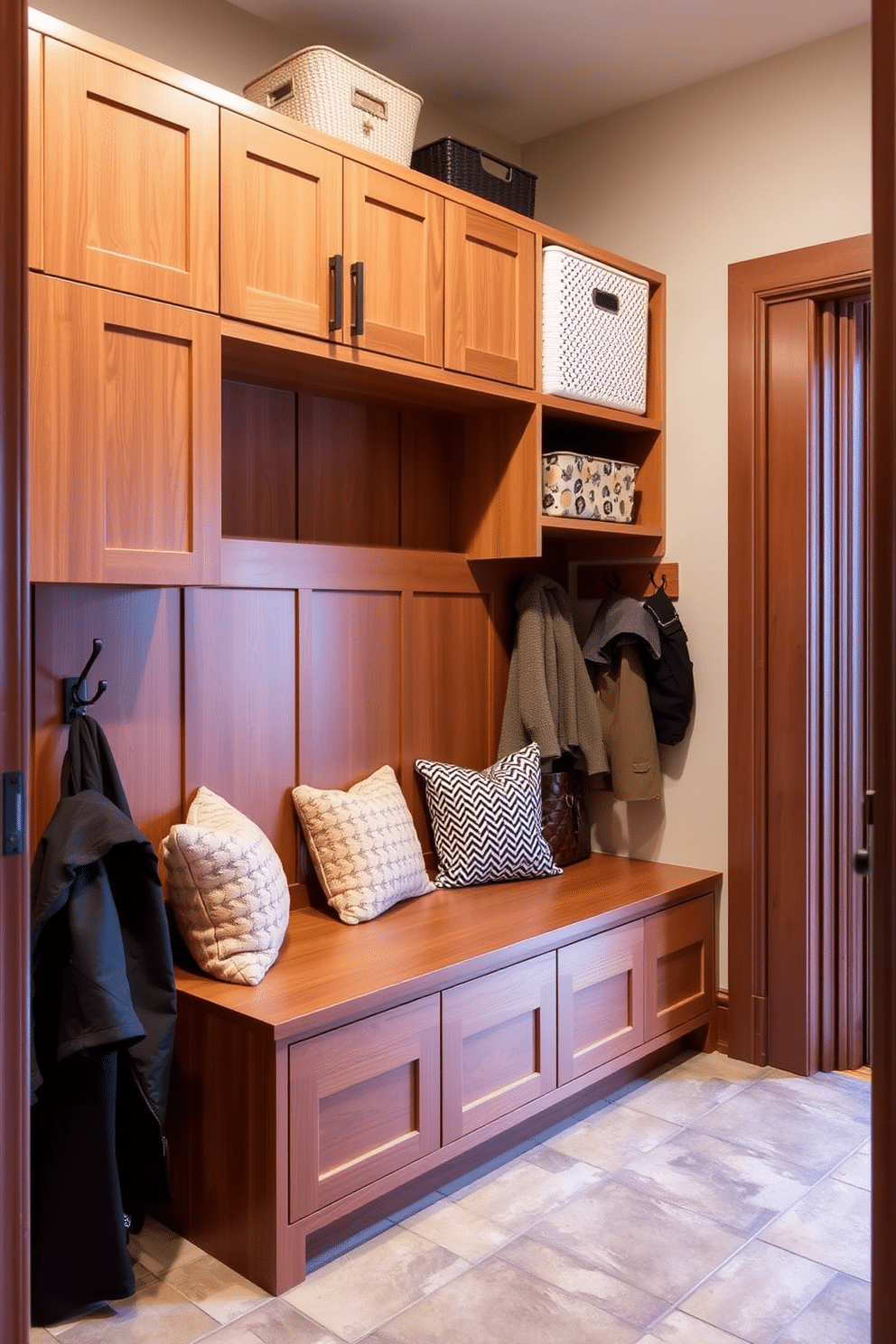 A small mudroom features overhead storage for seasonal items, designed with sleek cabinetry in a warm wood finish. The space includes a built-in bench with plush cushions, a durable tile floor, and hooks for coats, creating an organized and inviting entryway.