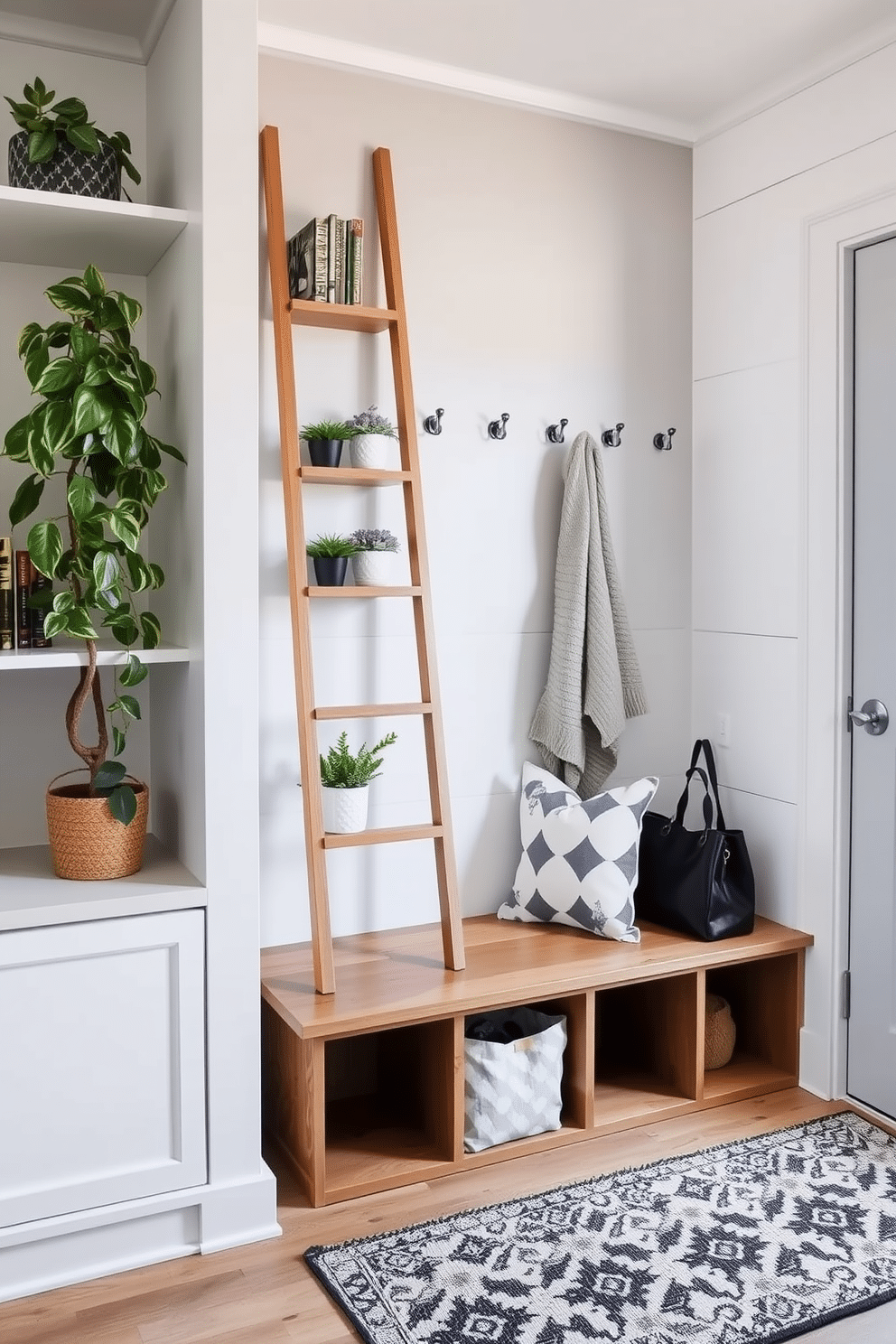 A stylish ladder shelf is positioned against a soft gray wall, showcasing a curated collection of potted plants and decorative books. The shelf's natural wood finish complements the modern aesthetic while adding warmth to the space. In a small mudroom, a built-in bench with storage cubbies provides a functional yet chic entryway solution. Light-colored shiplap walls and a patterned rug create an inviting atmosphere, while hooks above the bench offer a practical place for coats and bags.