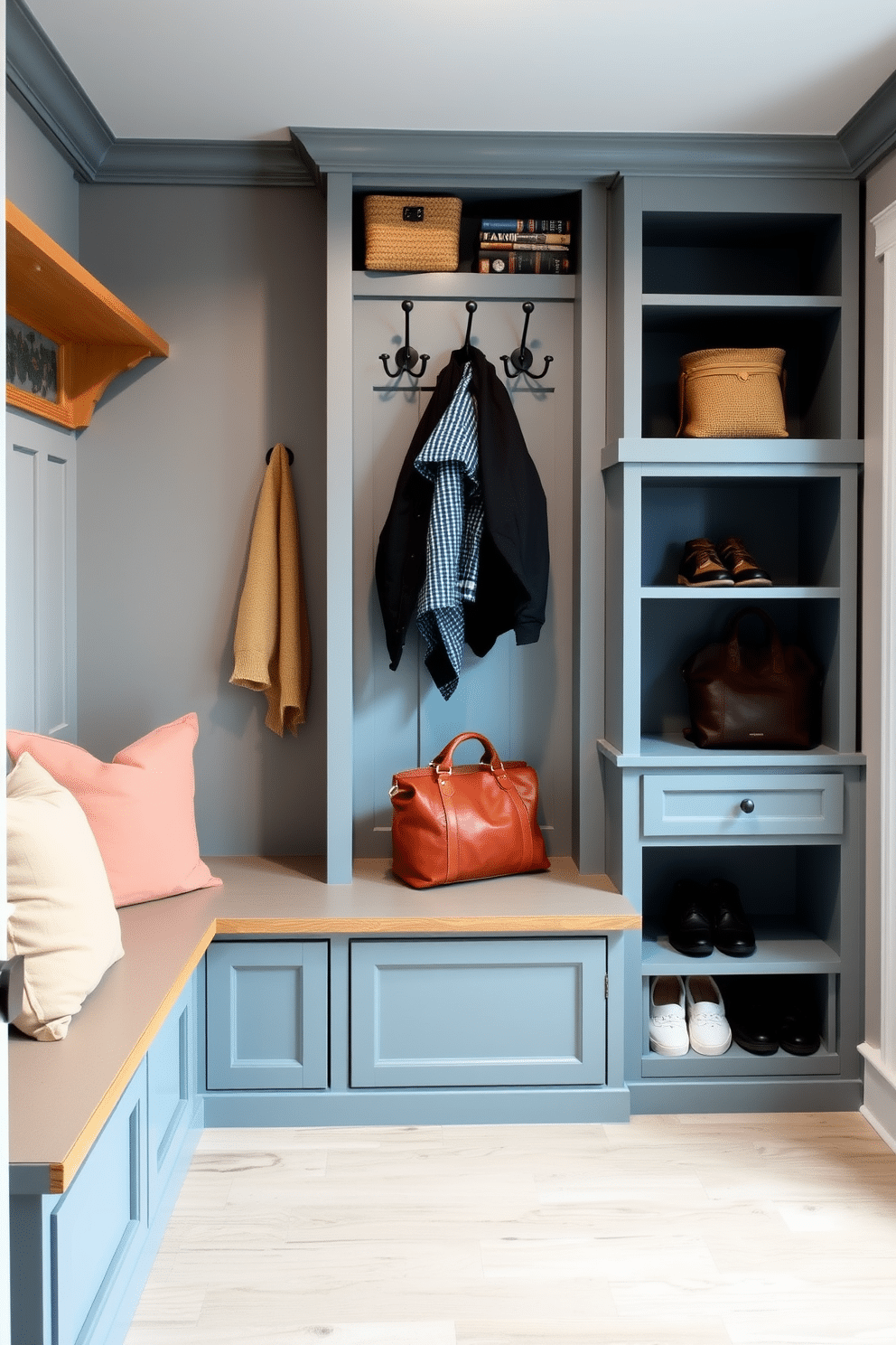 A small mudroom features color-coordinated storage solutions, including built-in benches with soft cushions and open cubbies for shoes and bags. The walls are painted in a light gray, complemented by warm wooden accents and a stylish coat rack, creating an inviting and organized entryway.