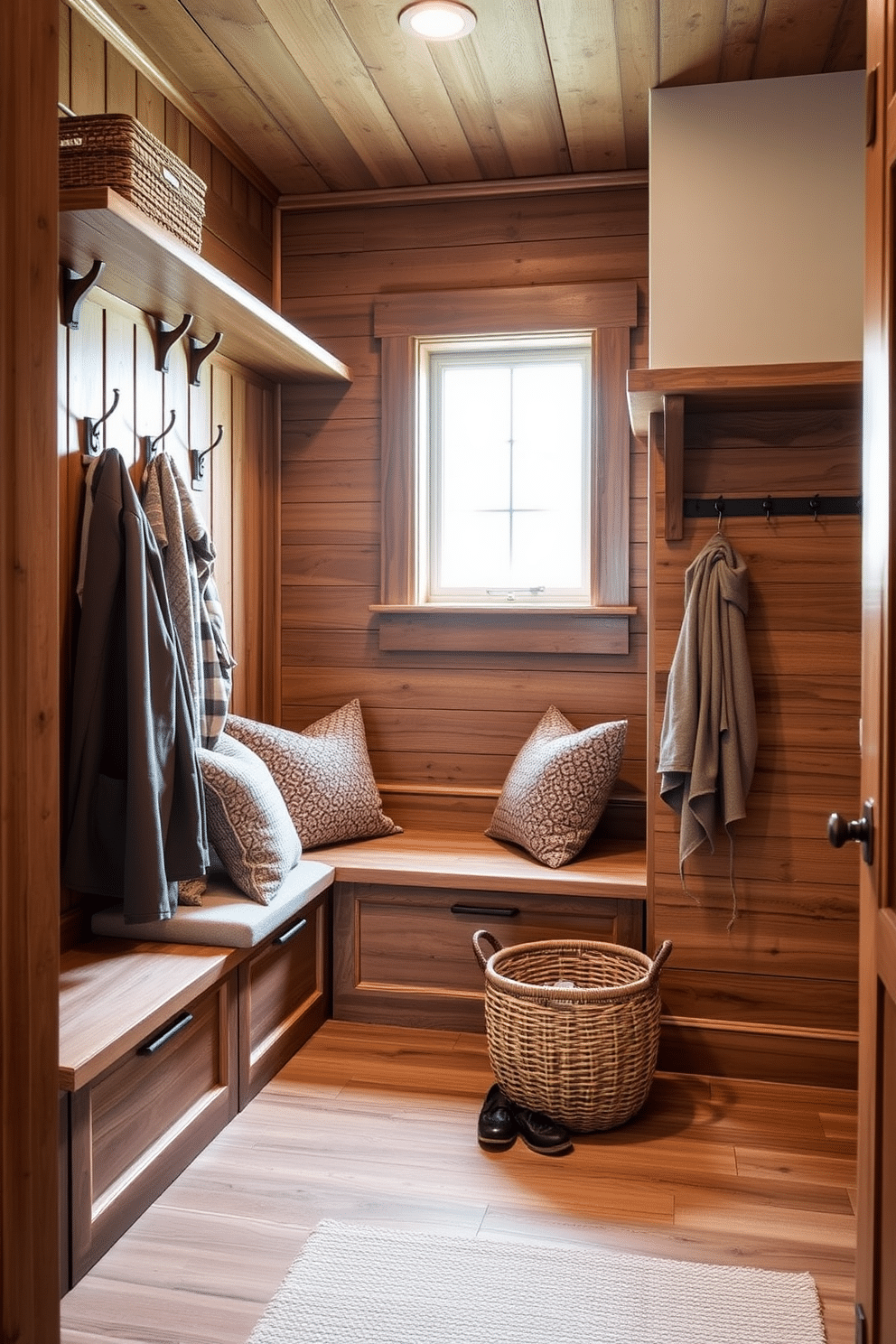 A cozy mudroom featuring natural wood accents that evoke warmth and comfort. The space includes a built-in bench with plush cushions, surrounded by hooks for coats and a rustic wooden shelf for storage. Light filters through a small window, illuminating the earthy tones of the wood and the soft textiles. A woven basket sits on the floor, providing a stylish solution for storing shoes and outdoor gear.