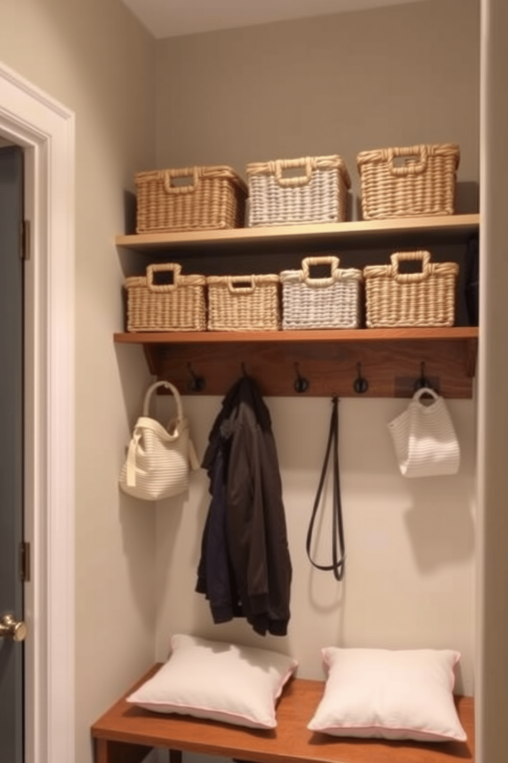 A small mudroom designed for functionality and style features decorative baskets neatly arranged on a wooden shelf, providing ample storage while enhancing the overall aesthetic. The walls are painted in a soft, inviting color, and a bench with plush cushions sits below a row of hooks, creating a welcoming and organized entryway.