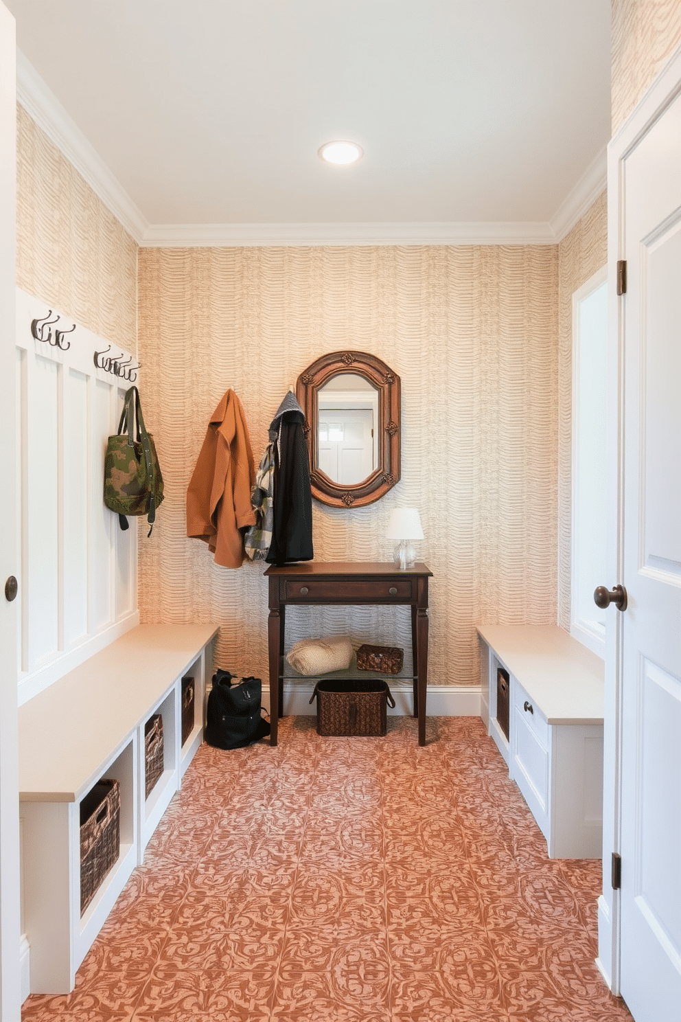 A cozy mudroom features textured wallpaper in a soft, neutral tone that adds depth and visual interest to the space. The room includes built-in benches with storage underneath, paired with hooks for hanging coats and bags, creating an organized and welcoming entryway. The floor is adorned with durable, patterned tiles that can withstand heavy foot traffic while complementing the wallpaper. A small console table with a decorative mirror above it enhances the functionality and style of this charming mudroom.