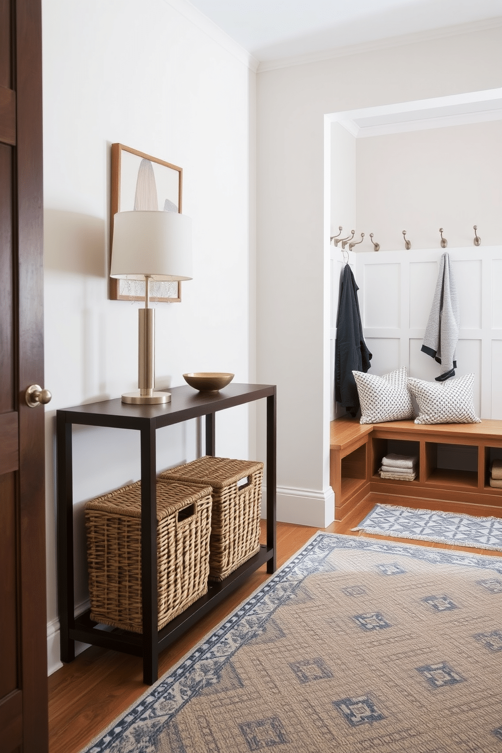 A narrow console table is positioned against the wall, adorned with a sleek lamp and a decorative bowl. Beneath the table, woven baskets provide stylish storage for shoes and accessories, enhancing the functionality of the space. The mudroom features a combination of built-in benches and hooks for coats, creating an organized entryway. Soft, muted colors on the walls complement the natural wood finishes, while a durable patterned rug adds warmth and texture to the floor.