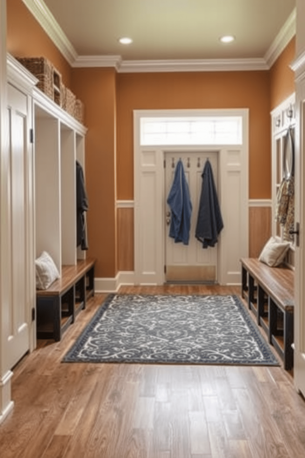 A functional mudroom features durable flooring designed to withstand heavy foot traffic, such as luxury vinyl planks or ceramic tiles. The space includes built-in storage solutions like cubbies and benches, providing a practical yet stylish entryway. The walls are painted in a warm, inviting color, complemented by natural wood accents. A large area rug adds comfort underfoot while enhancing the overall aesthetic of the mudroom.