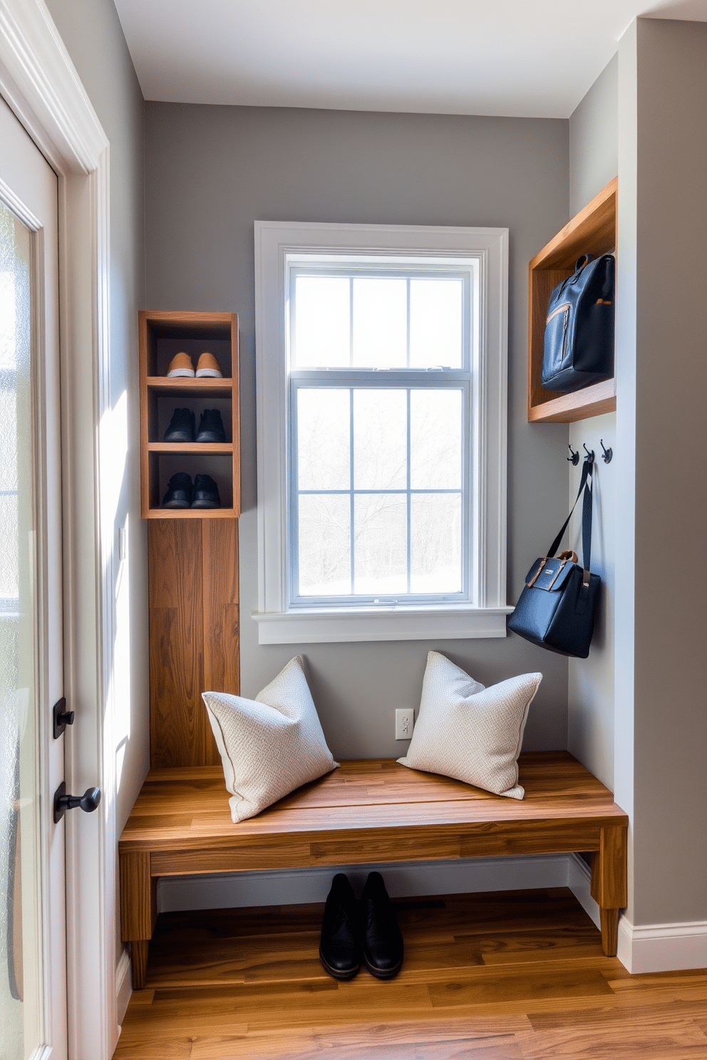 A stylish mudroom featuring built-in shelving designed specifically for shoes and bags. The shelving is crafted from reclaimed wood, with a warm finish that complements the soft gray walls. Beneath the shelves, a cozy bench provides a perfect spot for putting on shoes, adorned with plush cushions in a subtle pattern. Natural light filters in through a frosted glass window, illuminating the space and enhancing its welcoming atmosphere.