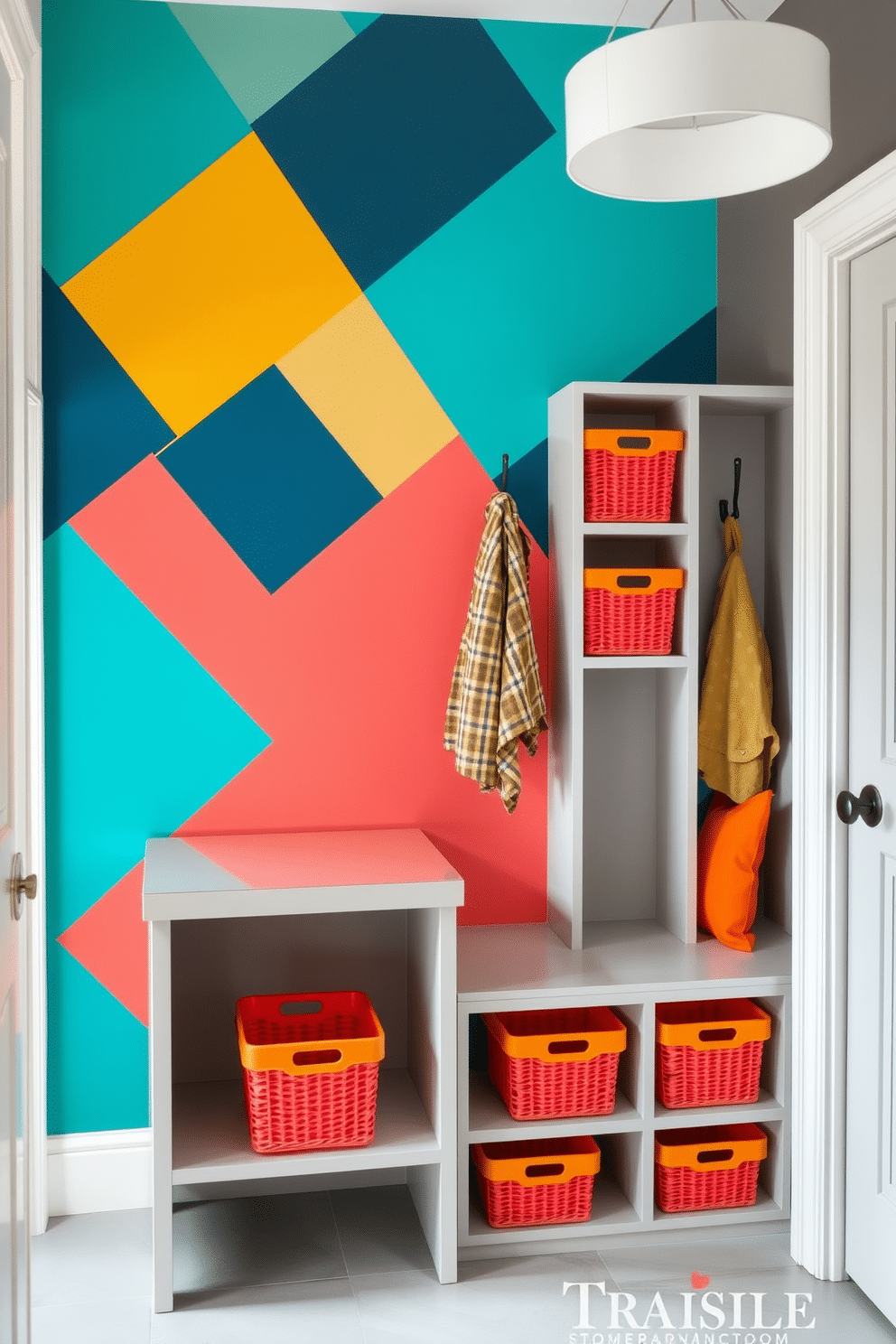 A vibrant accent wall showcases bold geometric patterns in shades of teal, coral, and mustard, adding a playful touch to the room. Complementing the wall, a sleek console table with a glossy finish sits beneath a modern pendant light, creating a striking focal point. The mudroom features a compact layout with built-in storage benches and hooks for coats, designed in a soft gray palette. Brightly colored baskets are neatly arranged on the shelves, providing both functionality and a burst of personality.