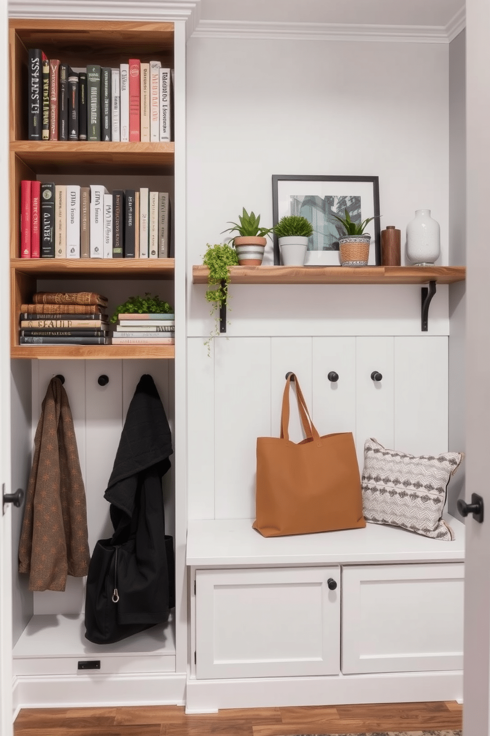 Open shelving for decorative storage. The shelves are made of reclaimed wood, displaying a curated selection of books, plants, and decorative objects that add personality to the space. Small mudroom design ideas. The mudroom features a built-in bench with storage underneath, complemented by hooks for coats and bags, all framed by a soft color palette of light gray and white.