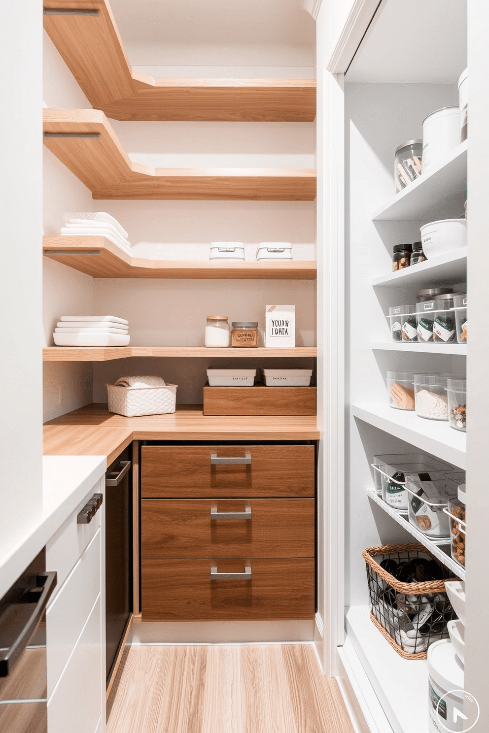 Clever corner shelving for maximum storage. The design features a series of tiered wooden shelves that seamlessly fit into the corner, maximizing vertical space while maintaining an open feel. Small pantry design ideas. The pantry showcases a combination of pull-out drawers and open shelving, with clear containers for organization, all painted in a soft white to enhance brightness and accessibility.