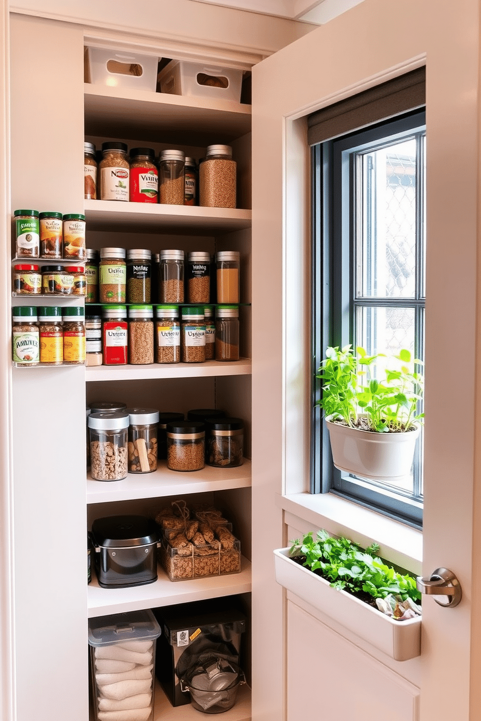 A small pantry design featuring magnetic spice racks affixed to the inside of the door, maximizing space and accessibility. The shelves are organized with clear containers for dry goods, and a small herb garden sits on a windowsill, adding a touch of greenery.