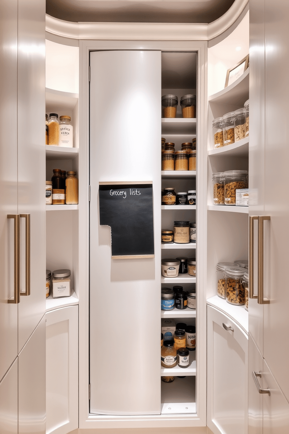 A narrow pull-out pantry designed for tight spaces, featuring sleek, white cabinetry with brushed nickel handles. The shelves are organized with clear containers, showcasing a variety of spices and dry goods, while the interior is illuminated by soft LED lighting. The pantry door is a mirrored surface that reflects light, creating an illusion of depth. A small chalkboard is mounted on the inside of the door for grocery lists and reminders, adding a functional yet stylish touch.