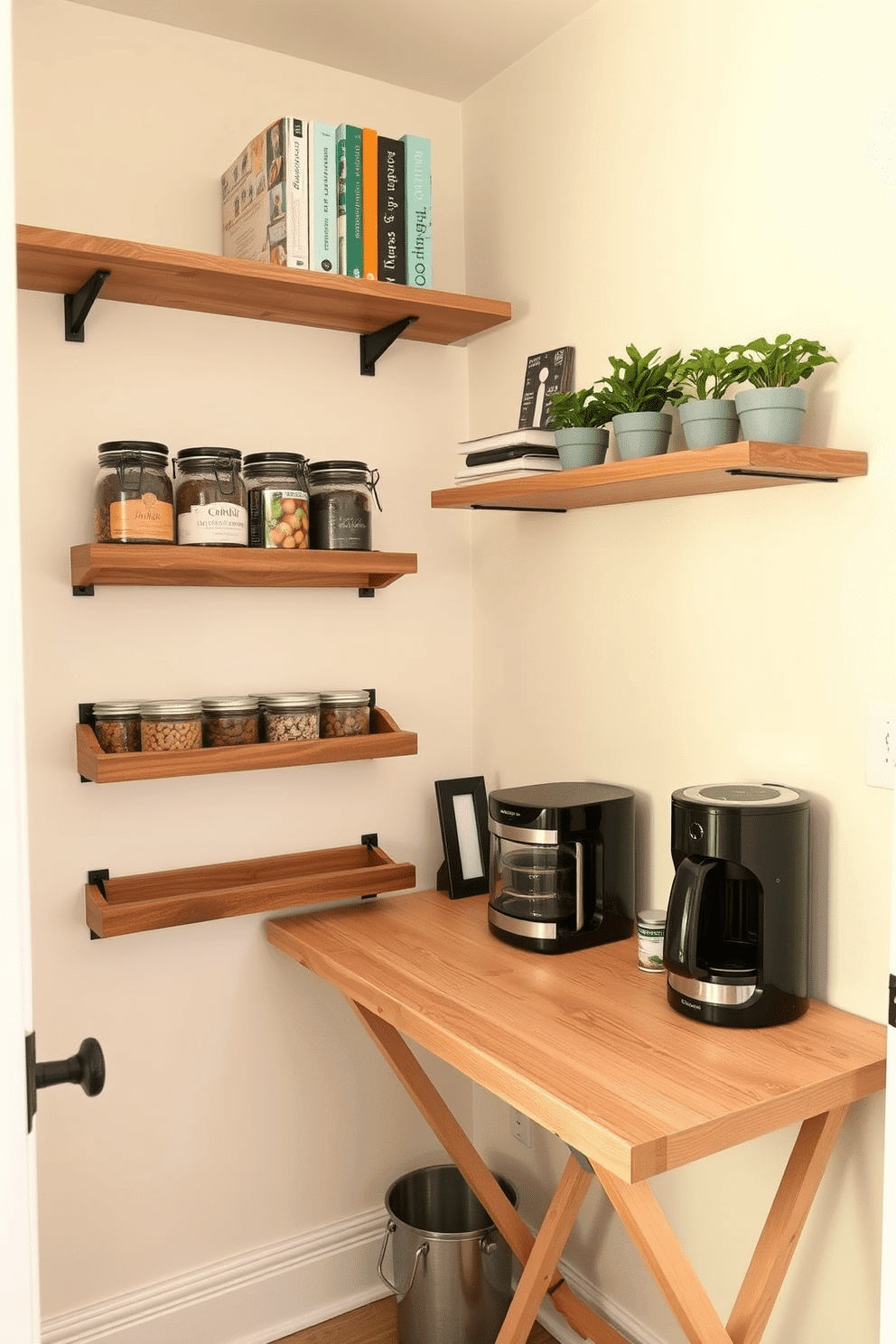 A stylish small pantry featuring wall-mounted racks for extra storage. The racks are made of reclaimed wood, neatly holding jars and kitchen essentials, while the walls are painted a soft, creamy white to enhance brightness. Incorporating a compact design, the pantry includes a foldable table that can be used for meal prep or as a coffee station. Above the table, decorative shelves display cookbooks and small potted herbs, adding a touch of greenery and personality.