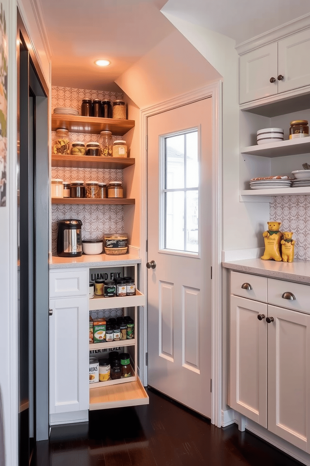 A cozy under-stair pantry features custom shelving that maximizes the available space, with neatly organized jars and containers for easy access. Soft, warm lighting illuminates the area, highlighting the rich wood tones of the shelves and the subtle wallpaper that adds a touch of charm. The small pantry design incorporates a pull-out spice rack beside the door, creating a functional and stylish solution for cooking essentials. Light-colored cabinetry contrasts with the dark flooring, while a small window allows natural light to brighten the space, making it feel inviting and spacious.