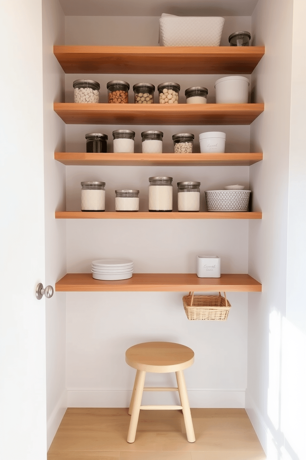 A modern small pantry featuring floating shelves made of natural wood, creating an airy and open feel. The shelves are adorned with neatly organized jars and decorative baskets, complementing the minimalist design with a soft white color palette. The pantry walls are painted in a light pastel hue, enhancing the sense of space and brightness. A small, stylish step stool is placed beneath the shelves, providing easy access to higher items while adding a charming touch to the overall design.