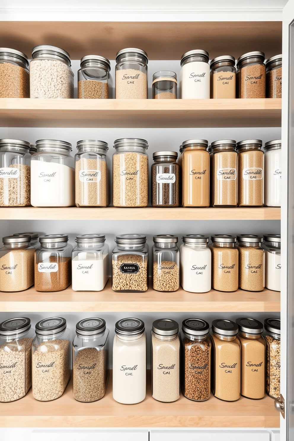 A sleek and minimalist pantry design featuring glass jars organized on open wooden shelves. The jars, filled with various grains and spices, are labeled with elegant typography, creating a clean and cohesive look.