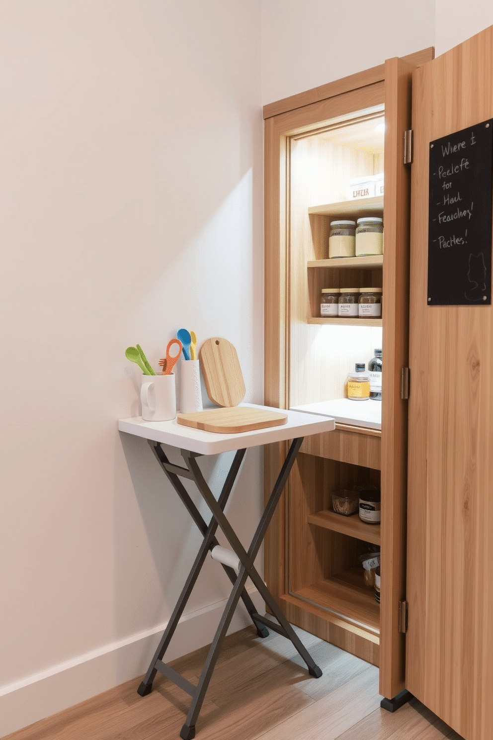 A compact folding table is set against a light-colored wall, featuring a sleek design that maximizes prep space in a small kitchen. The table is adorned with a few kitchen essentials, such as a cutting board and a set of colorful utensils, creating an inviting atmosphere. The small pantry is designed with open shelving made of natural wood, showcasing neatly organized jars and containers. Soft, ambient lighting highlights the pantry's contents, while a small chalkboard on the door adds a personal touch for notes and reminders.