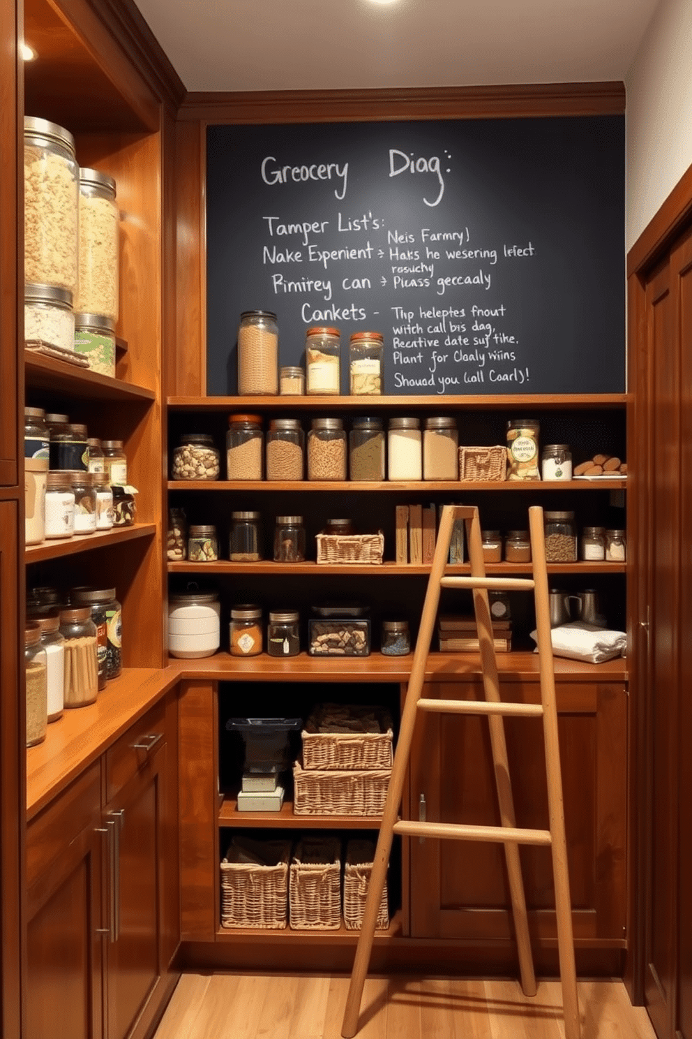 A cozy pantry featuring a chalkboard wall for grocery lists, providing a practical yet stylish touch. The shelves are filled with neatly organized jars and baskets, showcasing a variety of grains, snacks, and cooking essentials. The space is illuminated by warm, ambient lighting, highlighting the rich wood tones of the cabinetry. A small ladder leans against the shelves, adding a charming element while providing easy access to the upper storage areas.