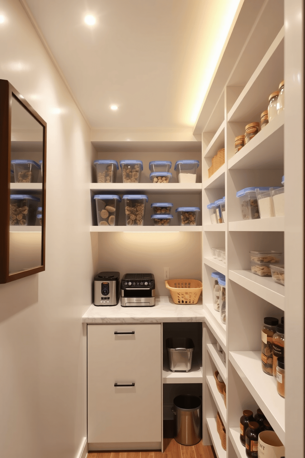 A small pantry design featuring recessed lighting that enhances visibility and creates a warm ambiance. The shelves are organized with clear storage containers, and a small countertop area is utilized for meal prep and additional storage.