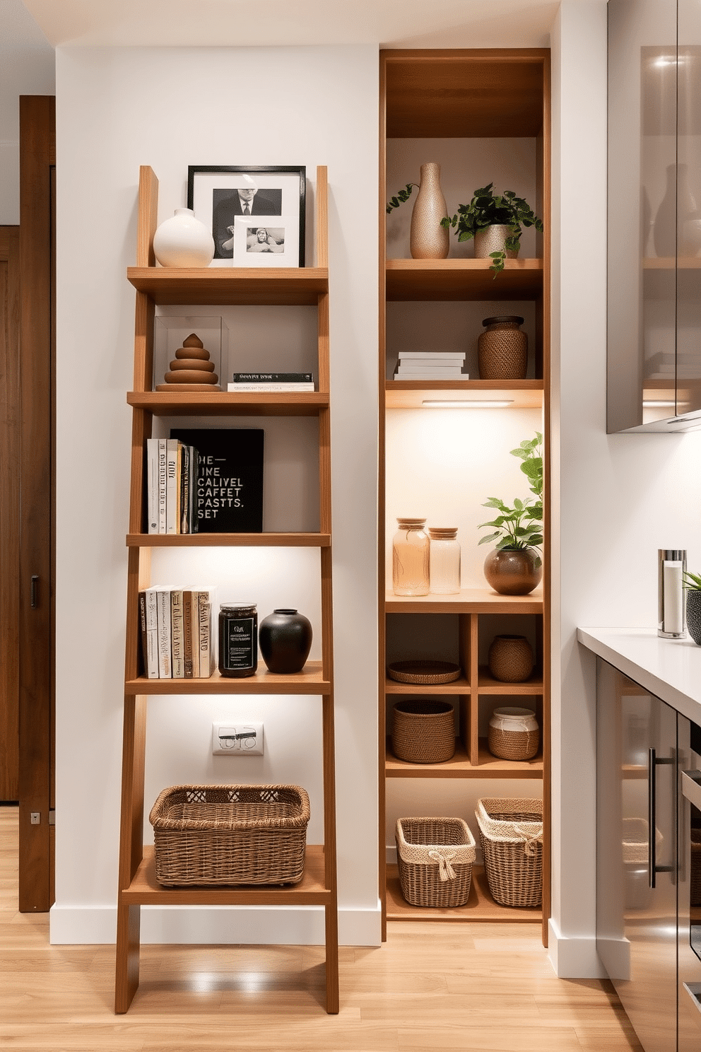 A modern ladder-style shelving unit made of natural wood leans against a bright white wall, showcasing an array of decorative items, books, and plants. The shelves are adorned with minimalist vases and framed artwork, creating an inviting atmosphere that blends functionality with aesthetic appeal. A compact pantry designed with sleek, custom cabinetry features open shelving for easy access to everyday items. The space is illuminated by under-shelf lighting, highlighting neatly organized jars and baskets that add a touch of warmth and style.