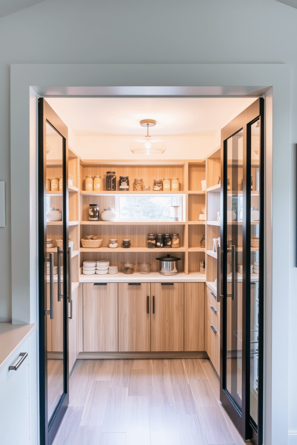 A sleek small pantry designed with sliding glass doors that open to a bright, airy space filled with natural light. The interior features open shelving made of light wood, neatly organized jars, and a small countertop for meal prep, complemented by a stylish pendant light above.