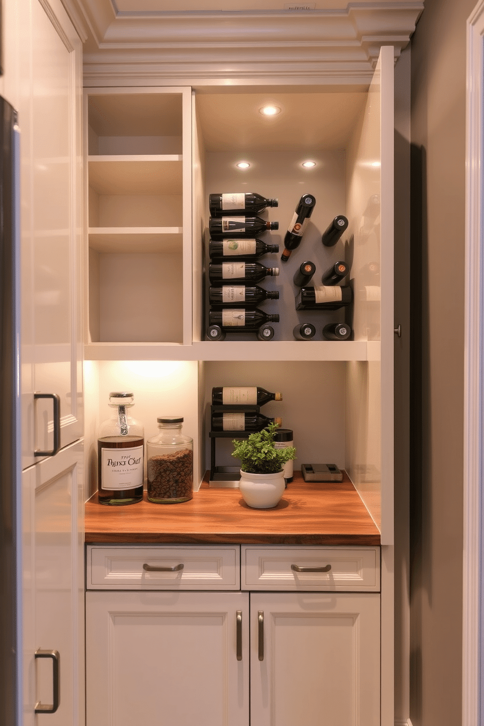 A stylish small pantry with custom cabinetry that features a built-in wine rack, showcasing a blend of functionality and elegance. The cabinetry is painted in a soft cream color, complemented by brushed nickel hardware, and the wine rack is illuminated with subtle LED lighting to highlight the bottles. The pantry includes open shelving for easy access to frequently used items, while the lower cabinets provide ample storage space. A small, rustic wooden countertop offers a convenient area for meal prep, accented by decorative jars and a small herb garden.