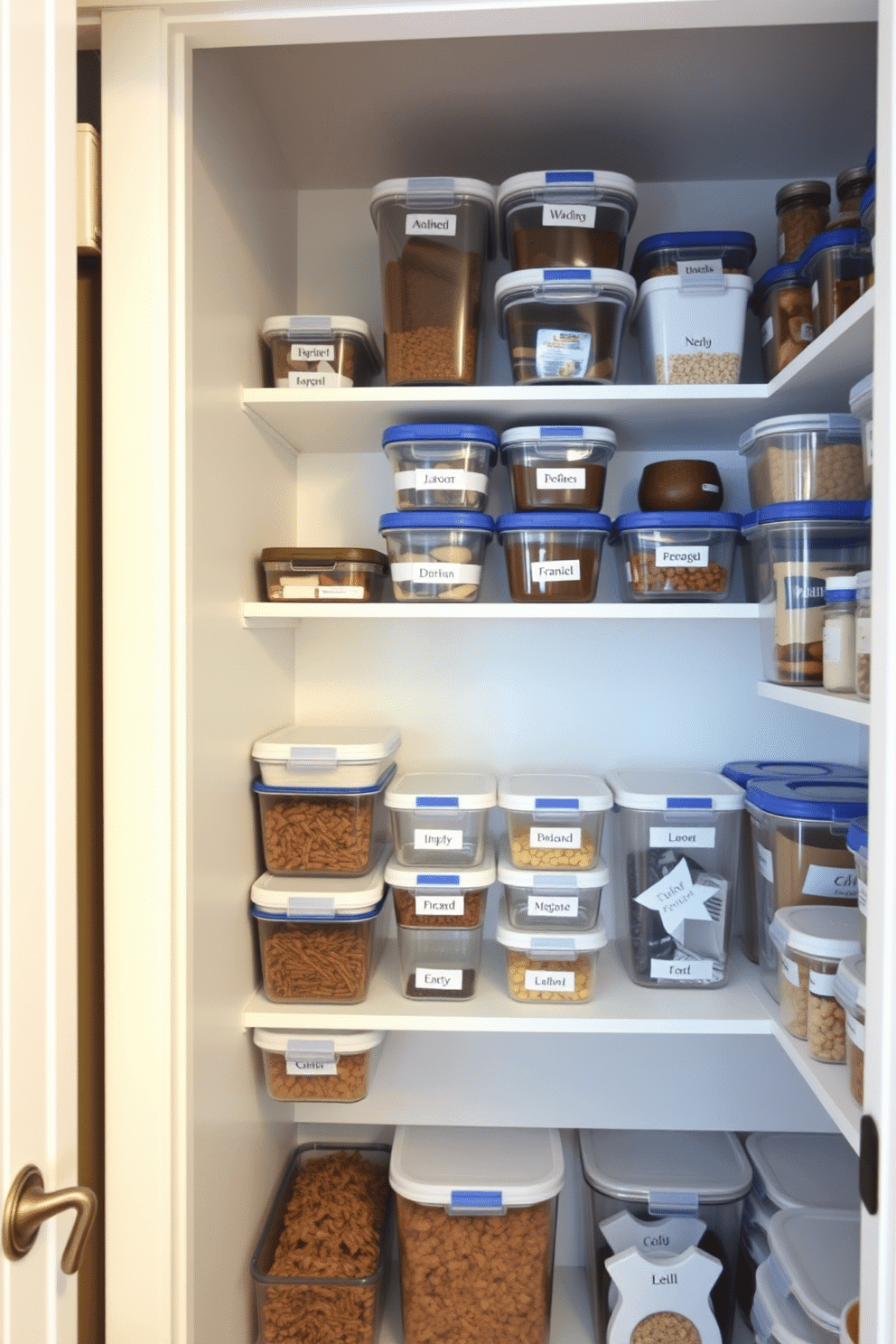 A small pantry design featuring stackable containers for efficient use. The walls are painted in a soft white, creating a bright and airy atmosphere, while the shelves are filled with clear, labeled containers in various sizes, maximizing storage space.