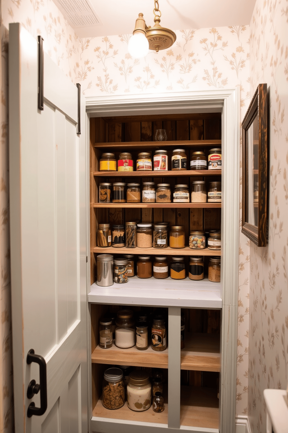 A cozy small pantry with decorative wallpaper that features a subtle floral pattern, adding a personal touch to the space. The shelves are made of reclaimed wood, neatly organized with jars of spices and canned goods, creating a charming and functional atmosphere. The pantry door is painted a soft pastel color, complementing the wallpaper and enhancing the overall aesthetic. A small, vintage-style light fixture hangs from the ceiling, illuminating the space and highlighting the beautiful details of the design.