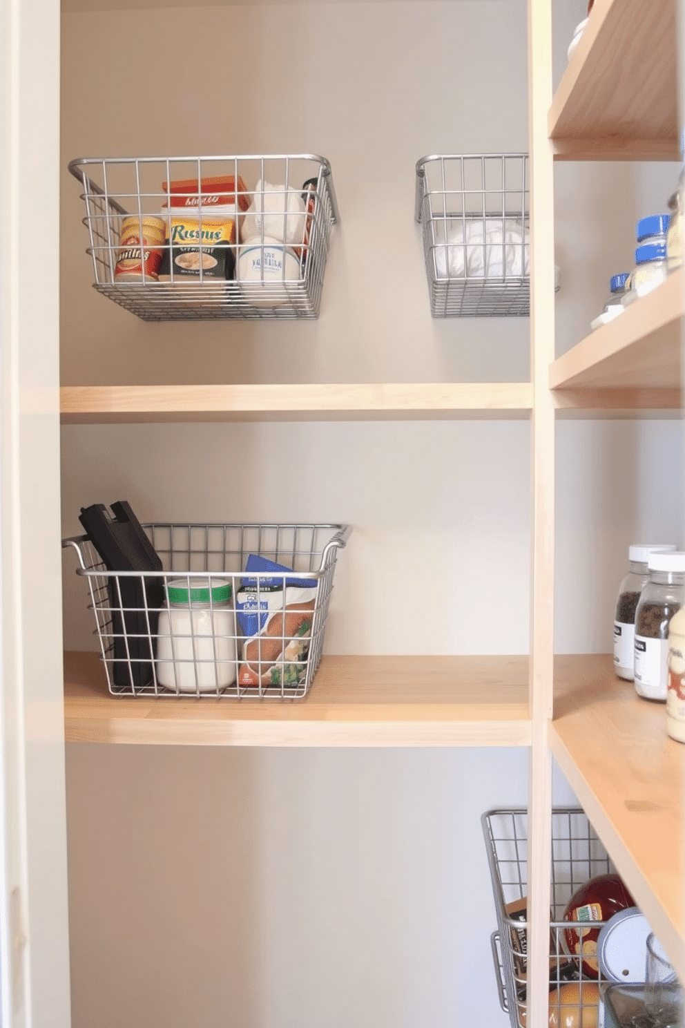 A small pantry designed for efficiency features wire baskets that allow for easy visibility and access to stored items. The walls are painted in a soft, neutral tone, while the shelves are made of light wood to create a warm and inviting atmosphere.