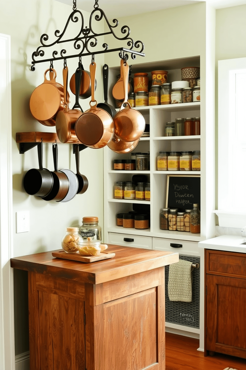 A cozy kitchen corner featuring hanging pots and pans arranged in a stylish manner. The pots are of various sizes, made of copper and cast iron, suspended from a wrought iron rack above a rustic wooden island. A small pantry designed for maximum efficiency and style. It includes open shelving with neatly organized jars, a sliding ladder for easy access, and a chalkboard wall for jotting down grocery lists and meal plans.