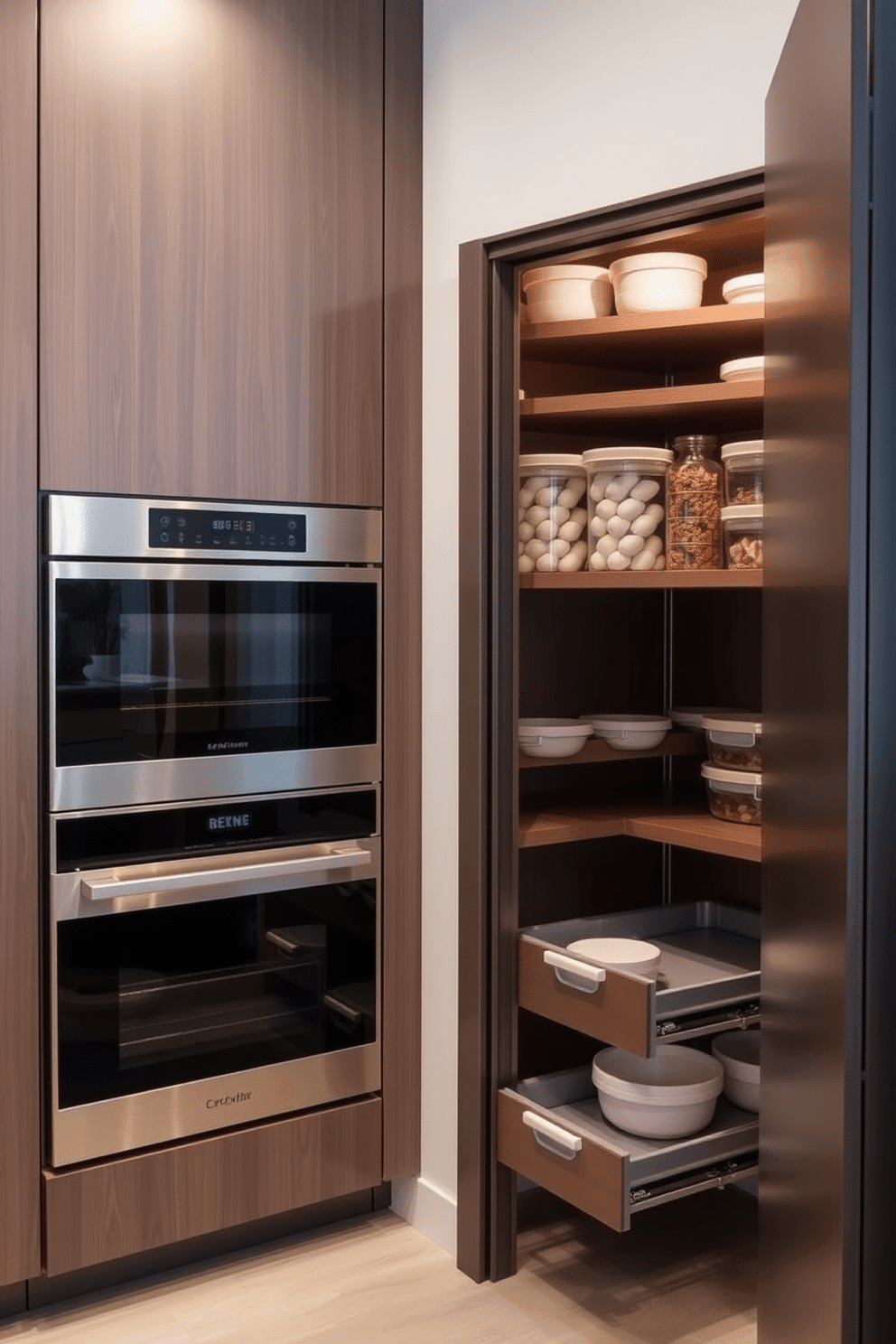 A sleek kitchen featuring integrated appliances for a streamlined look. The cabinetry seamlessly blends with the refrigerator and oven, creating a cohesive and modern aesthetic. A small pantry designed with efficient storage solutions. Shelving is maximized with pull-out drawers and clear containers, ensuring easy access and organization while maintaining a clean and tidy appearance.